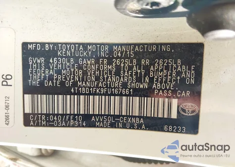 2015 Toyota Camry Hybrid Le z USA, uszkodzony, nr VIN 4T1BD1FK9FU167661